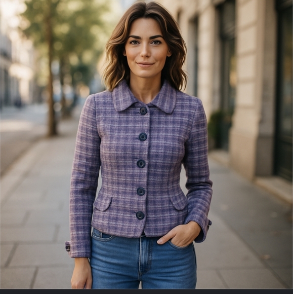 Pendleton Jackets & Blazers - Pendleton Lavender Purple Plaid Blazer 100% Wool Tab Sleeves Cropped Sz 10P